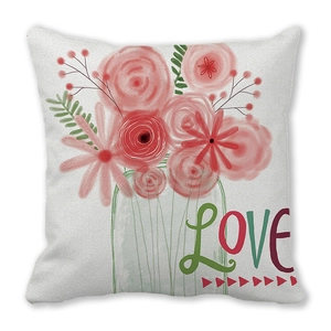 Pink watercolor flower bouquet pillow cover with LOVE text print for Valentine Decor
