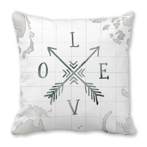 Pink Valentines Day peach skin pillowcase featuring world map and LOVE arrow graphics