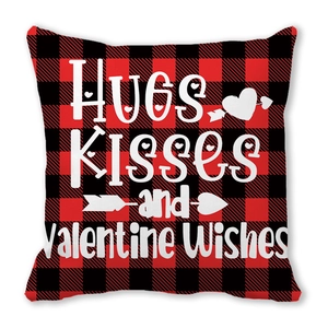 Valentijnsdag kussenhoes met rood zwart ruitpatroon en Hugs Kisses and Wishes tekst