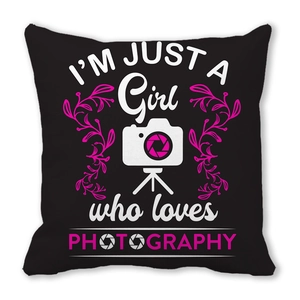 Black photography themed peach skin pillowcase with I'm Just a Girl Who Loves Photography print