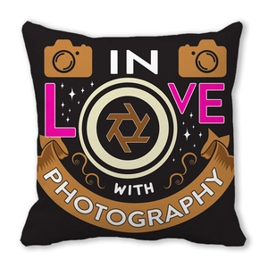 Black peach skin pillowcase with camera icons and In Love With Photography quote