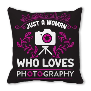 Black square pillowcase with 'Just a woman who loves photography' text and floral icon
