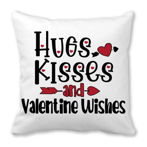 Federa per cuscino quadrata bianca con testo Hugs Kisses e motivo cuore rosso