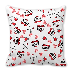 Modern Valentine's Day linen pillowcase with red hearts and Love print pattern