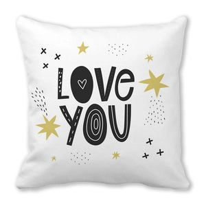 Square peach skin pillowcase with LOVE YOU text and gold star pattern on white background
