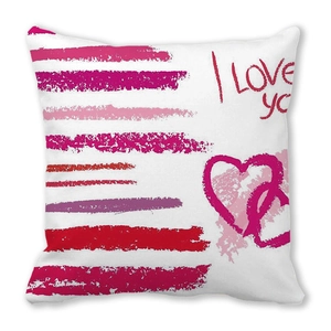 Peach skin pillowcase with pink brush strokes, double heart patterns and I love you text