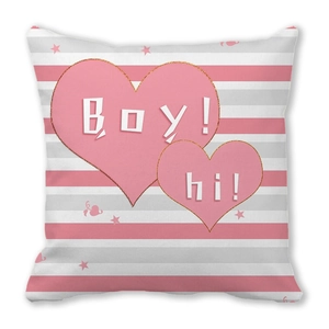 Pink heart patterned peach skin throw pillow cover with Boy! and hi! text and stripes