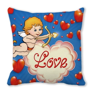Valentine's Day pillowcase featuring Cupid and Love text on peach skin fabric