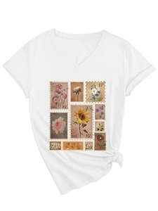Detail of vintage flower stamp print on white V-neck cotton T-shirt with knotted waist