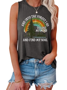 Detail of loose dark grey tank top with forest rainbow print and inspirational text