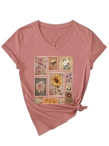 Detail of V-neck short sleeve T-shirt with vintage floral stamp print and hem knot