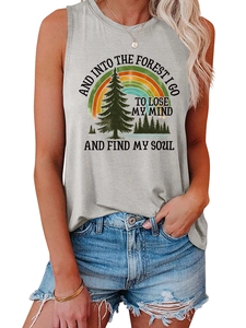 Detail of grey sleeveless forest tank top with pine tree print and rainbow accent