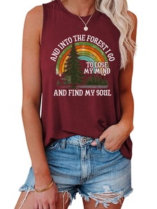 Detail of burgundy tank top with vintage forest graphic and inspirational quote for women