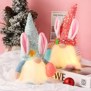 Light-up Easter gnome plush with sequin hat and bunny ears for holiday home decoration