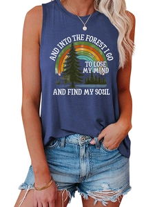 Detail of vintage forest and rainbow print on a casual navy blue sleeveless tank top