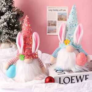Lighted Easter gnomes set with sequin hats and bunny ears holding colorful eggs