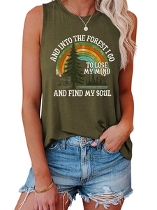 Detail showing vintage forest print and quote on army green sleeveless tank top