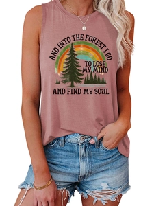 Detail showing vintage forest print on a sleeveless pink tank top with casual denim jeans