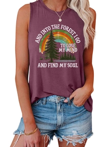 Close-up of retro forest graphics and vintage text on the wine red sleeveless tank top