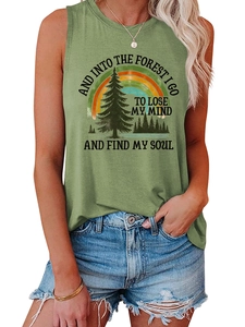 Detail of army green tank top with forest print and inspirational outdoor quote