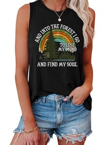 Detail of black sleeveless forest tank top with vintage pines and outdoor nature quote