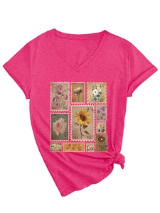 Detail showing hot pink V-neck T-shirt with vintage floral stamp prints and side knot design