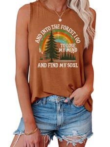 Detail of rust red tank top featuring forest graphic and slogan with denim shorts