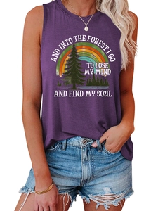 Detail of a purple sleeveless tank top featuring a vintage forest print and nature slogan