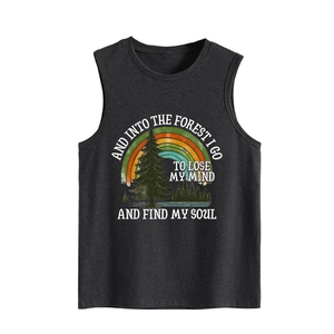 Detail of vintage print on charcoal grey tank top with forest and rainbow graphics