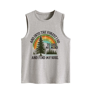 Detail of grey tank top showing 'And into the forest' text with rainbow and pine trees