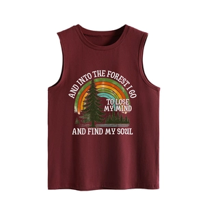 Close-up of the vintage forest graphic print on a loose dark red sleeveless tank top