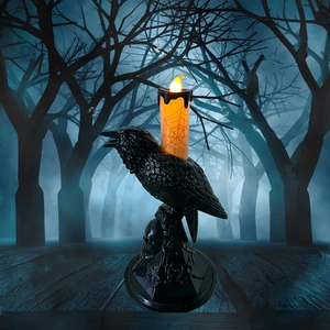 Halloween crow and skull LED candle lamp with spider web pattern on orange flickering flame