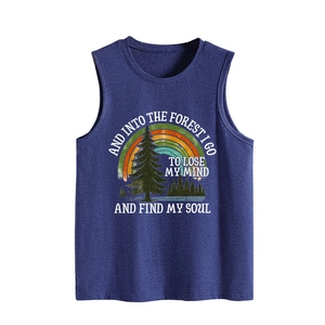 Close-up of deep blue tank top featuring forest graphic and inspirational quote print