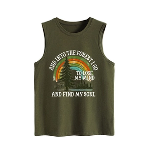 Macro shot of olive green forest quote graphic print on soft cotton tank top fabric