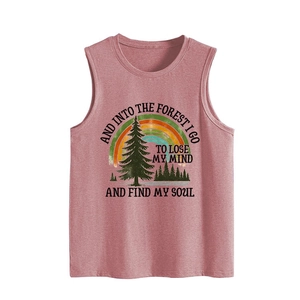 Detail of dusty rose tank top featuring pine forest print and motivational quote