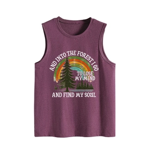 Detail view of maroon tank top featuring vintage forest print and inspirational quote