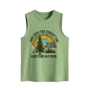 Detail of vintage forest print and quote on grass green cotton tank top