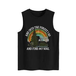 Detail of black tank top featuring retro forest graphics and motivational typography