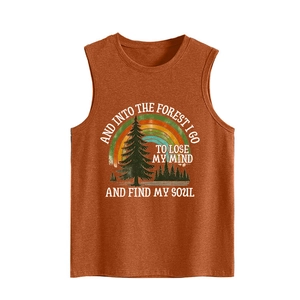 Detail showing the vintage forest print on a brown sleeveless cotton muscle tank top