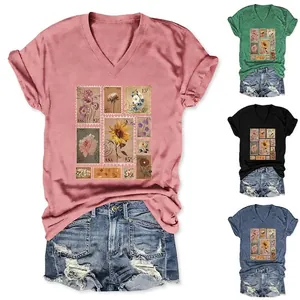 Women T-Shirt Cotton Blend V Neck Short Sleeve Vintage Floral Stamp Print Knot Side Hem Casual Summer Elegant