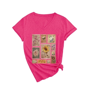 Fashion rose red V-neck T-shirt with vintage floral stamp print and side-knot hem