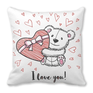 White heart teddy bear pillow cover with I love you text for Valentine gift