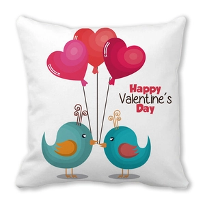 Peach skin pillowcase featuring cartoon birds and red heart balloons for Valentine's Day