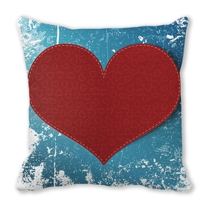 Square peach skin pillowcase with red heart on vintage blue background for Valentines Day