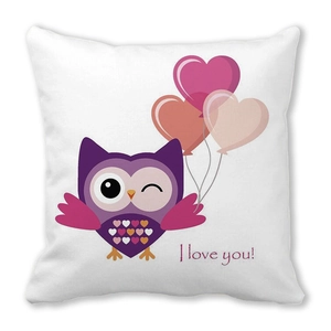 Fodera per cuscino bianca con gufo viola, palloncini a cuore e scritta I love you