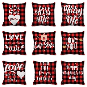 Buffalo Plaid Valentine's Day Pillow Cover Love Quote Heart Pattern Peach Skin Cushion Case For Sofa Home Decor Square Pillowcase