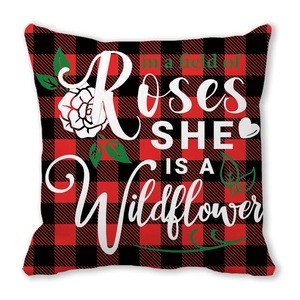 Buffalo plaid pillow case with Roses She Is A Wildflower print on white background