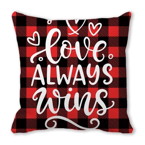 Red and black buffalo plaid LOVE ALWAYS WINS peach skin pillowcase for home decor