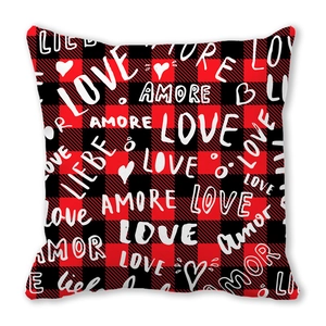 Romantic red and black buffalo plaid pillow cover with multilingual Love text and hearts