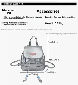 Detailed size specifications and material info for the silver PU leather mini backpack